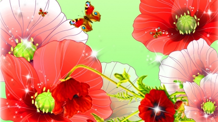 Poppies - bright, wild flowers, butterfly, summer, flowers, garden, poppies, spring