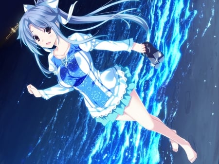 Narukawa Hime - beach, girl, game, blue, night, long hair, cg