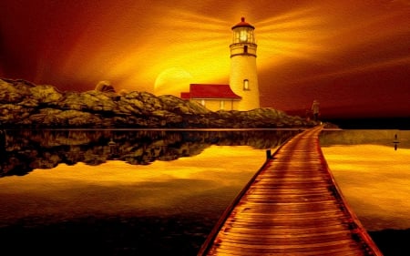 BRIDGE To LIGHTHOUSE - lighthouse, art, sea pier, bridge, sea