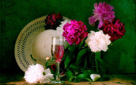 PEONIES - peonies, hat, leaves, stillife, drinks