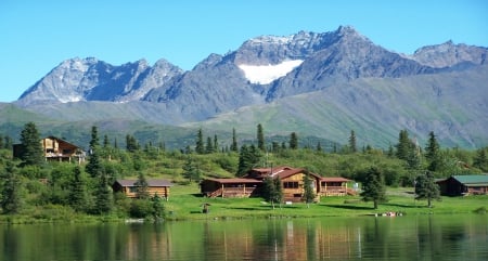 Cabins on the Lake in Alaska - lake, sky, mountain, trees, water, cabins, nature, reflection, blue, architecture, green, grass