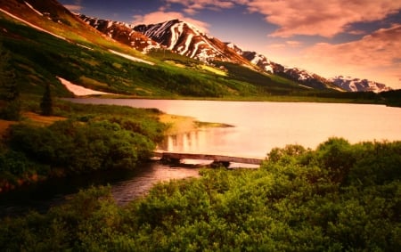 Mountain and Lake in Alaska - alaska, landscape, grass, sky, clouds, sunset, nature, mountain, green