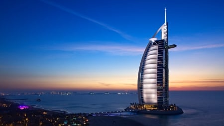 burj-al-arab-Hotel skyscraper-architecture-dubai - skyscraper, sky, blue, burj-al-arab-hotel, water, hotel, sunset