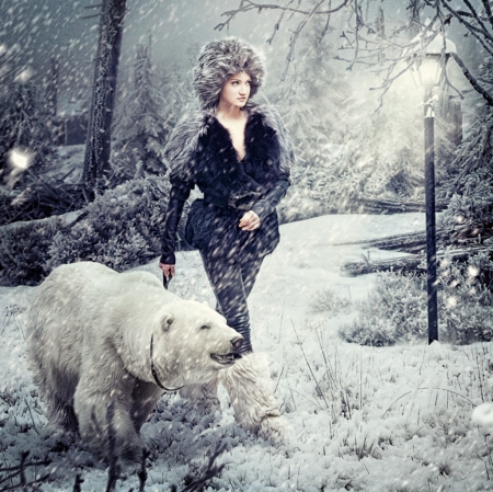 Fairy Winter - lady, snow, bear, winter, fairy, fantasy