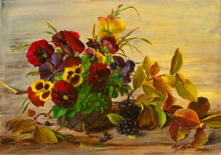 Still life - pretty, vase, delicate, beautiful, lovely, still life, leaves, pansies, flowers, painting, tender, nice, art