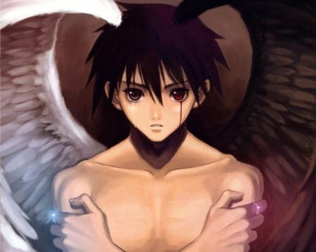 Xion - tears, scary, angel, eerie, wings, evil, gloom, sinister, anime, horror, short hair, handsome, male, gloomy, sad, relistic, cg, hd, scare, 3d, wing, boy, guy