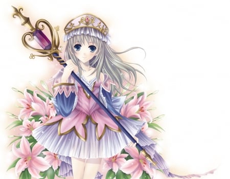 Totooria Helmold - pretty, wand, anime, female, warrior, blossom, dress, long hair, rod, plain, weapon, nice, video game, anime girl, game, hot, staff, girl, atelier, simple, lovely, sweet, flower, white, Totooria Helmold, cute, Atelier Totori, floral, sexy