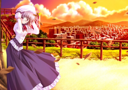 Windy - sky, female, hot, glasses, sunglasses, anime girl, wind, windy, home, cloud, anime, house, cute, scene, sexy, building, fence, scenic, girl, gown, hd, town, scenery, city, dress