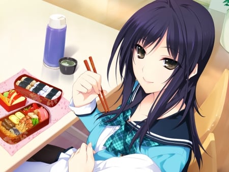 SuShi - brown eyes, anime, anime girl, female, hungry, delicious, hot, food, girl, table, long hair, lunch, cute, chopsticks, sushi, sexy