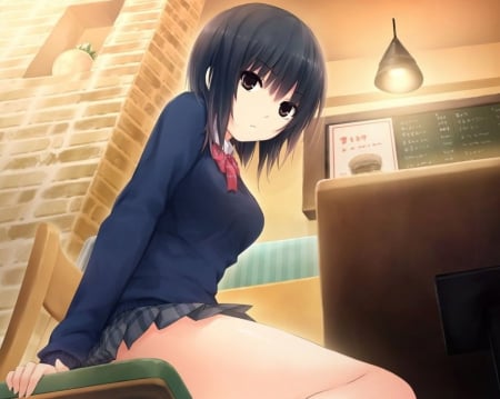 At the Restaurants - female, hot, restaurants, anime girl, table, anime, lamp, short hair, cute, ceiling, sexy, board, girl, light, burger, hd, chair, menu, wall