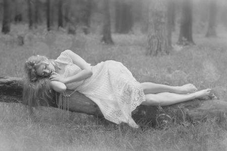 natural - wp, girl, beauty, forest, natural, elf, black, white, nature, soft, bw, dreamy