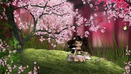 Fairy Spring Time Story - bunnies, cherry blossoms, flowers, spring, sakura, grass, rabbit, fantasy, frog, fairy, tree