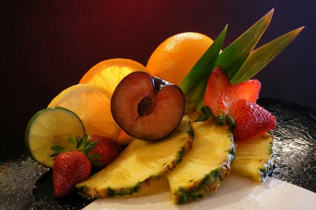 Still Life Fruit - pineapple, peach, oranges, fruit, still, abstract, strawberries, life, lime