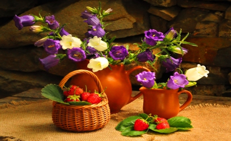 Still Life Purple Flower - vases, cup, white, still, purple, abstract, life, strawberries, flowers