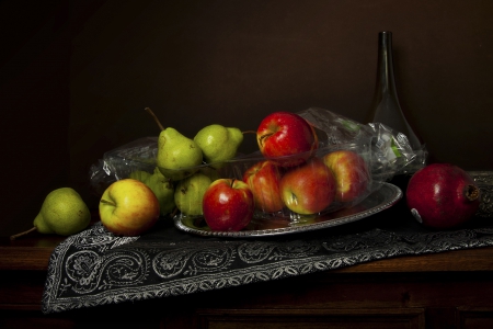 Still Life Fruit Bunch - still, abstract, life, clothe, plate, apples, fruit