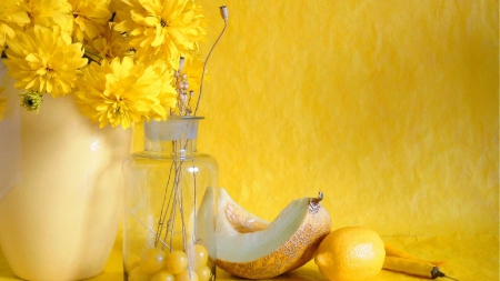 Still Life Yellow Flower Lemon - still, abstract, melon, yellow, life, flowers, fruit, jar, lemons