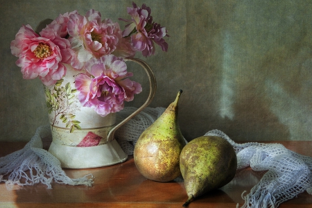 Still Life Pink Flower and Vase - still, abstract, vase, lace, flower, pink, life, pear, fruit