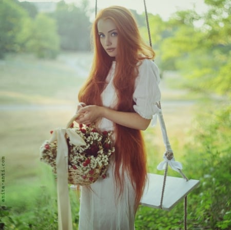 White Swing - white, lady, model, swing, basket