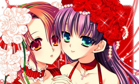 Anime Girls - flowers, girls, red, anime