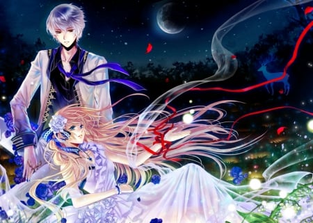 â™¡ Couple â™¡ - nice, beauty, lover, female, hot, anime girl, elegant, gorgeous, pretty, petals, anime, romance, cute, moon, handsome, love, male, sexy, couple, lying, girl, night, gown, lovely, floral, romantic, boy, beautiful, sweet, dress, guy, flower