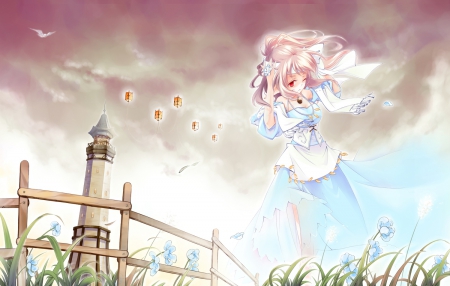 The Coming of The Storm - red eyes, girl, clouds, anime, flowers, tower, storm