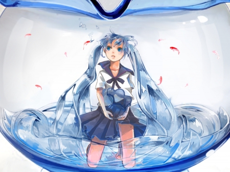 ~Bottle Miku~ - vocaloid, anime, fishbowl, water, hatsune miku, long hair, fish, blue eyes