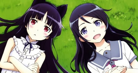 ~Friends Forever~ - pretty, friends, black hair, anime, cat ears, grass