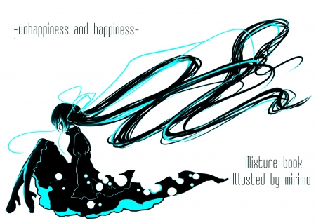 Unhappiness & Happiness - long hair, vocaloid, black dress, ponytails, anime, hatsune miku, sitting