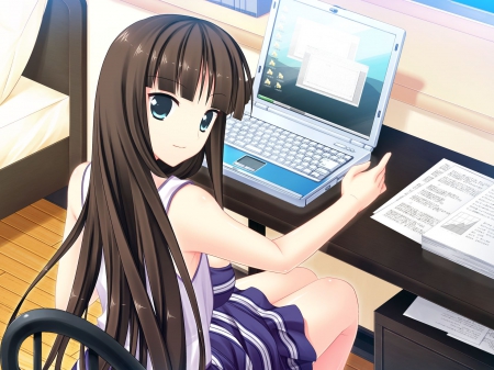 LapTop - pretty, anime, female, green eyes, laptop, long hair, hd, nice, anime girl, hot, girl, table, lovely, brown hair, sweet, desk, computer, cute, sexy