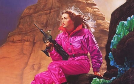 Pretty in Pink - wallpaper, digital, beautiful, gun, girl, art, fantasy, weapon, woman