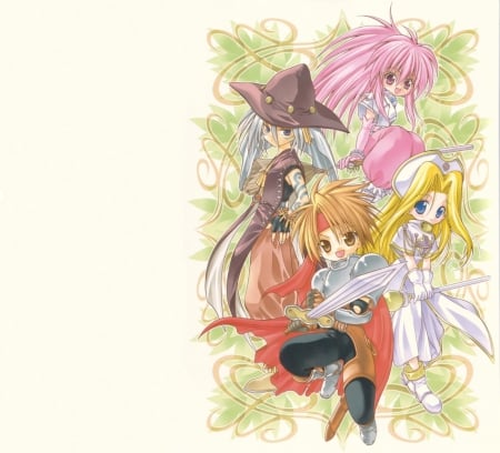 Tales of Phantasia - anime, tales of phantasia, kawaii, female, warrior, team, guy, rod, boy, armor, male, group, priest, plain, hd, chibi, weapon, rpg, video game, cleric, anime girl, game, broom, girl, sword, simple, friend, knight, witch, cute, adorable