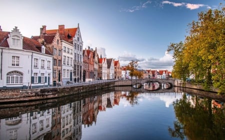 Bruges - clouds, bridges, trees, water, beautiful, buildings, architecture, river, bruges, belgium, houses, sky