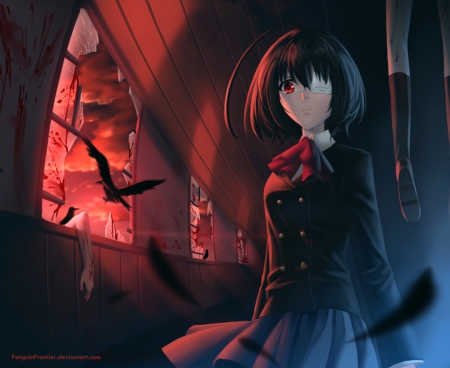 Misaki Mei - anime, female, gloomy, evil, dark, scary, short hair, gloom, horror, hd, die, scare, creepy, anime girl, eyepatch, hot, girl, death, darkness, red eyes, sinister, sexy