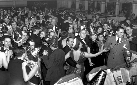 the Cab Calloway band at a new year bash - conductor, new year, dancers, band, black and white