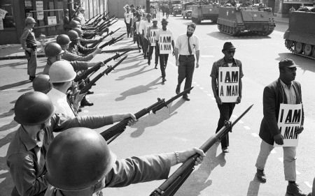 american cities in the 60's - tanks, city, soldiers, protesters