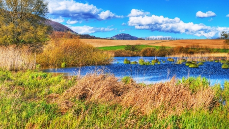 gorgeous autumn fields landscape hdr - lake, clouds, hills, fields, hdr, grass