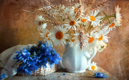 Still life - jar, petals, flowers, table, still life