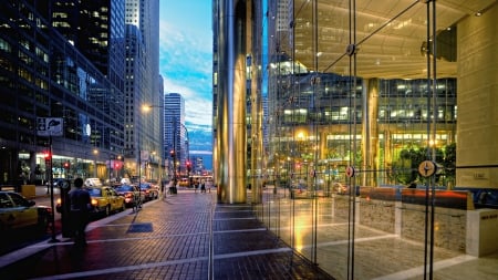 glass walls on a chicago street - street, sidewalk, lights, city, glass