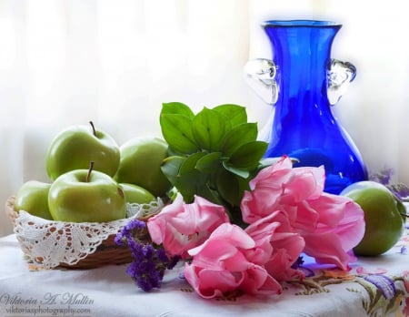 Still life - flower arrangement, spring, pink, flowers, fruit, art, artist, vase, abstract, photography, colors, still life, flower, tulips, photographer, arrangement, soft, apple