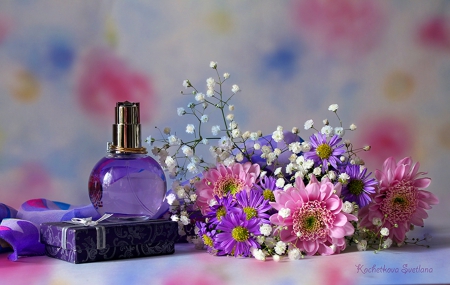 Still life - artist, beauty, feminine, gift, soft, photography, bouquet, still life, photographer, art, abstract, pink, flower arrangement, perfume, flowers, small