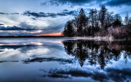 beautiful lake reflections hdr - lake, trees, reflection, clouds, sunset, hdr