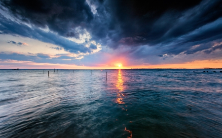 wonderful sunset on the horizon - horizon, sticks, clouds, sunset, sea