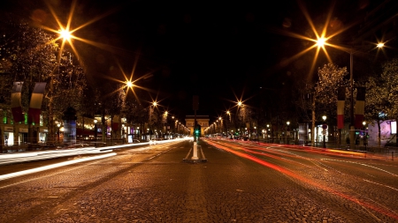 avenue late at night in the center of paris - street, monument, lights, city, night