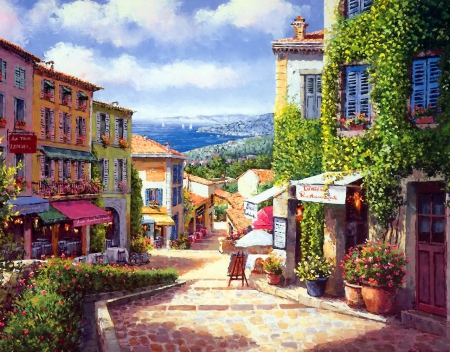 Sunny mediterranean - nice, street, sky, summer, lovely, painting, mediterranean, art, town, pretty, beautiful, markets, sunny, flowers