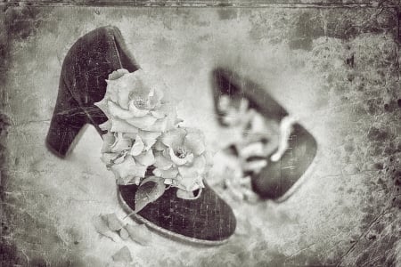 * - flowers, black white, vintage, shoes