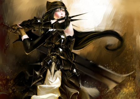 Anime - long dark hair, dark hair, female, girl, long hair, armor, yellowe eyes, weapon, anime, manga