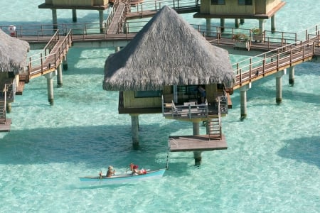 La Moana Water Villa Bora Bora - beach, pacific, paradise, water, villa, polynesia, coral, bunaglows, french, bora bora, atoll, lagoon, southsea, south, sand, bungalow, ocean, la moana, islands, tropical, reef, exotic, luxury, blue, villas, island, canoe, spa, sea, tahiti