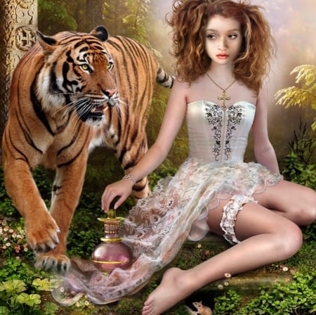 The Guardian - girl, trees, mouse, flowers, fantasy, tiger, friend, cg