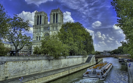 cathedral along a paris river hdr - trees, clouds, river, cathedral, hdr, bridge, boat