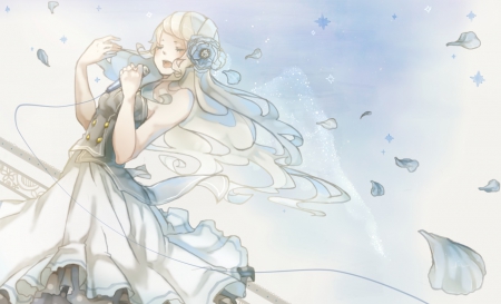 ~The Songstress~ - flowers, pretty, anime, dress, singer, long hair, petals, microphone